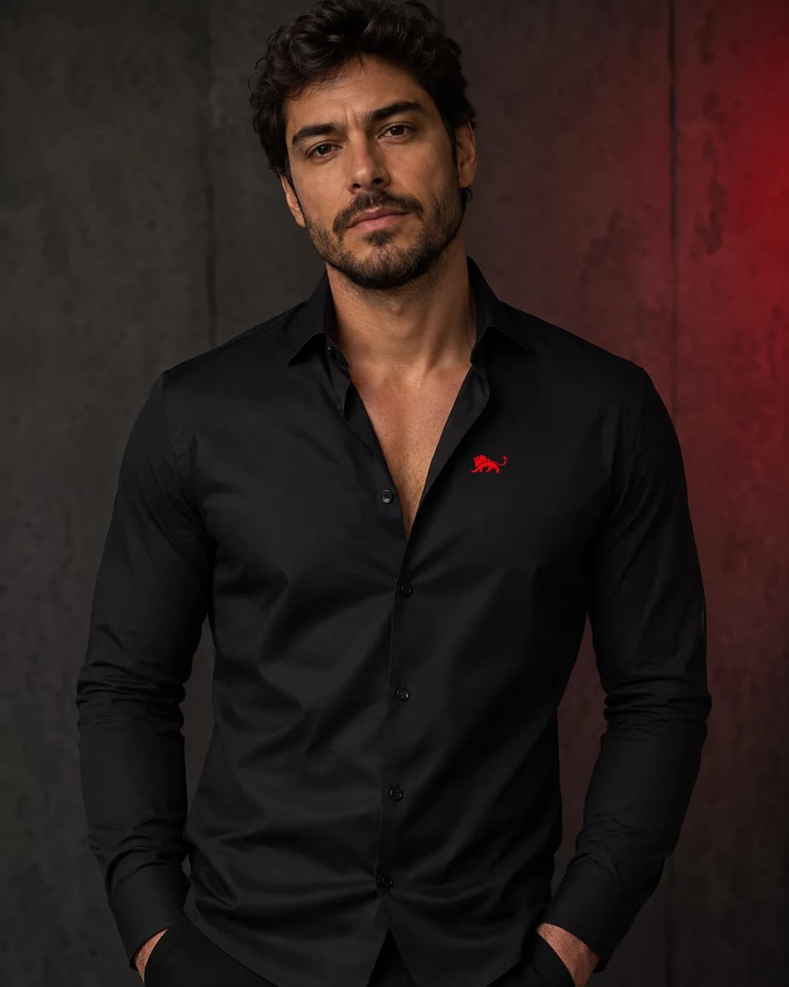 Camisa social manga longa preta da Lion Brazil em ensaio de estúdio