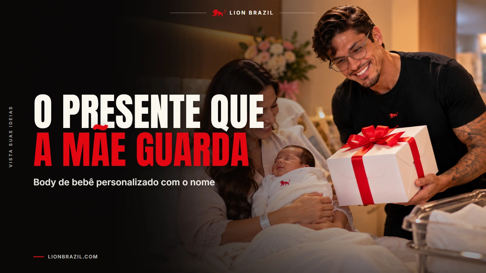Capa com o título "O presente que a mãe guarda" e Pedro Costa, fundador da Lion Brazil, de camiseta com o leão da marca.