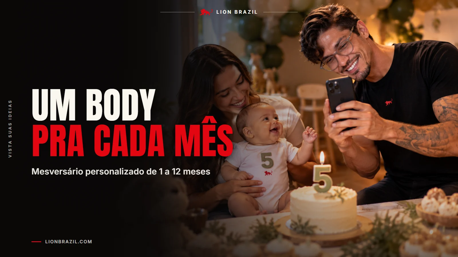 Capa com o título "Um body pra cada mês" e Pedro Costa, fundador da Lion Brazil, de camiseta com o leão da marca.