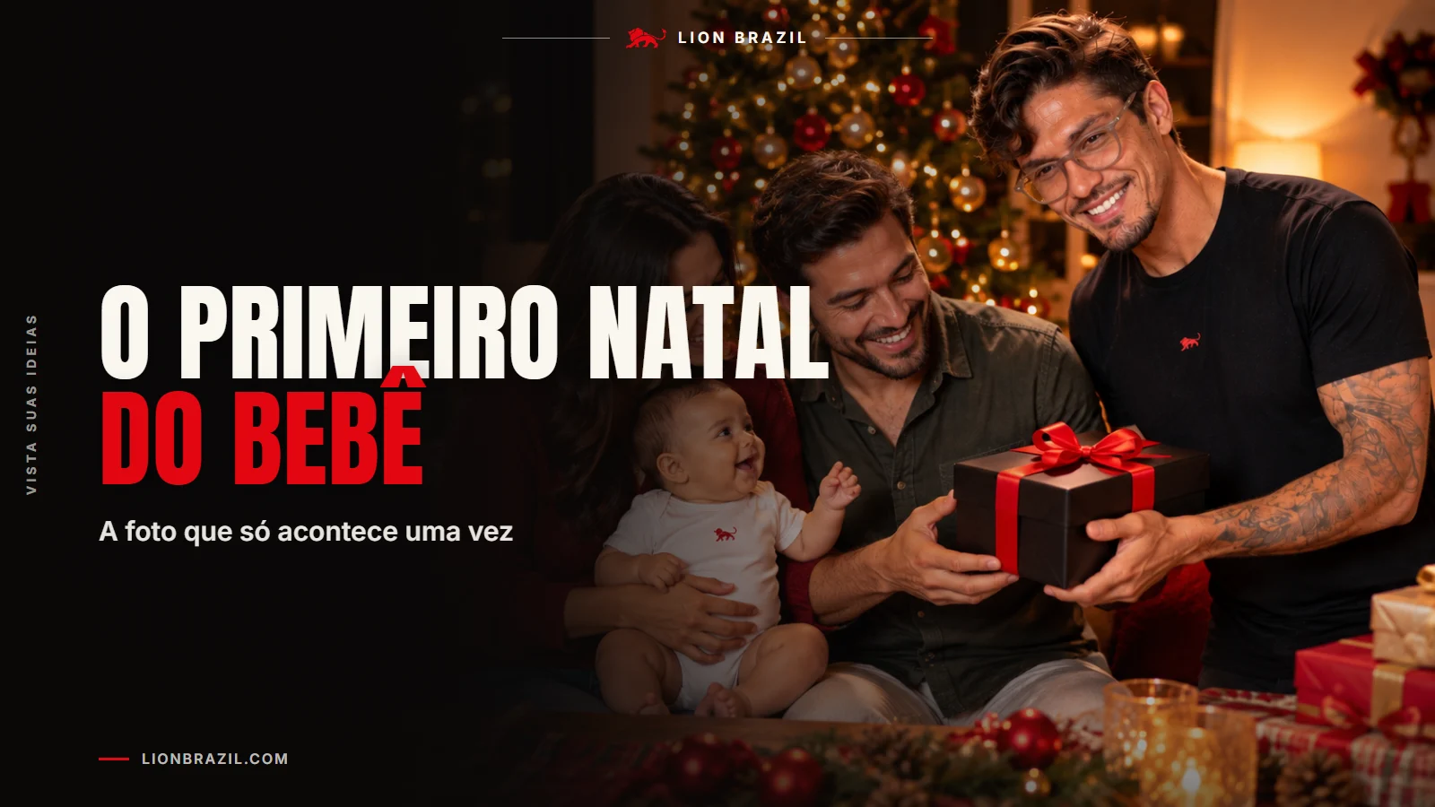 Capa com o título "O primeiro natal do bebê" e Pedro Costa, fundador da Lion Brazil, de camiseta com o leão da marca.