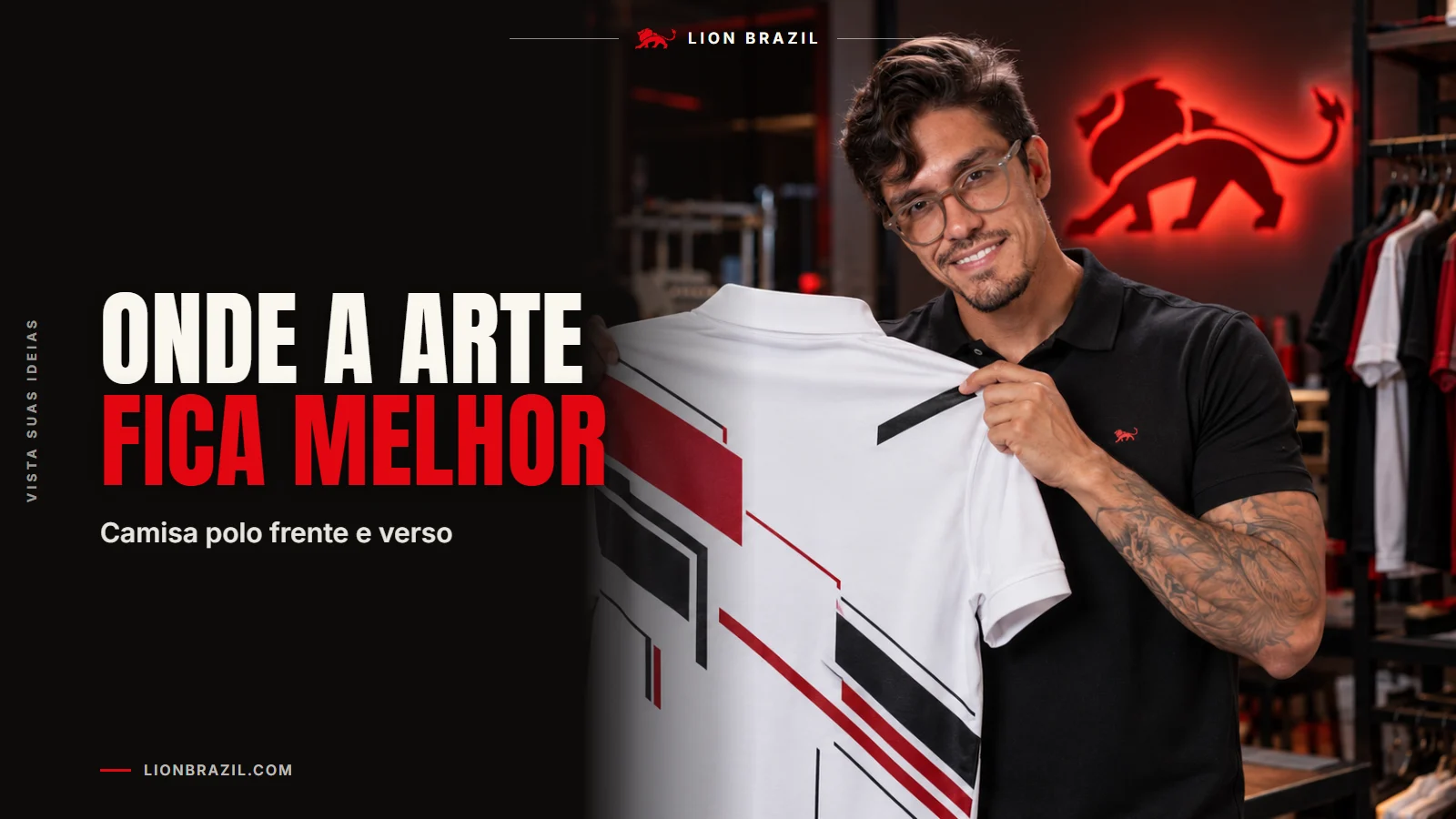 Capa com o título "Onde a arte fica melhor" e Pedro Costa, fundador da Lion Brazil, de camiseta com o leão da marca.