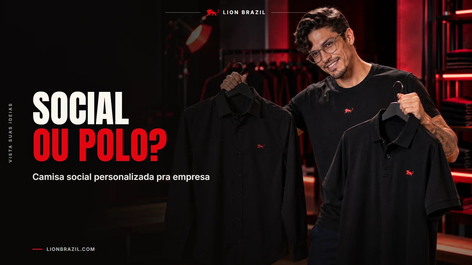 Capa com o título "Social ou polo?" e Pedro Costa, fundador da Lion Brazil, de camiseta com o leão da marca.