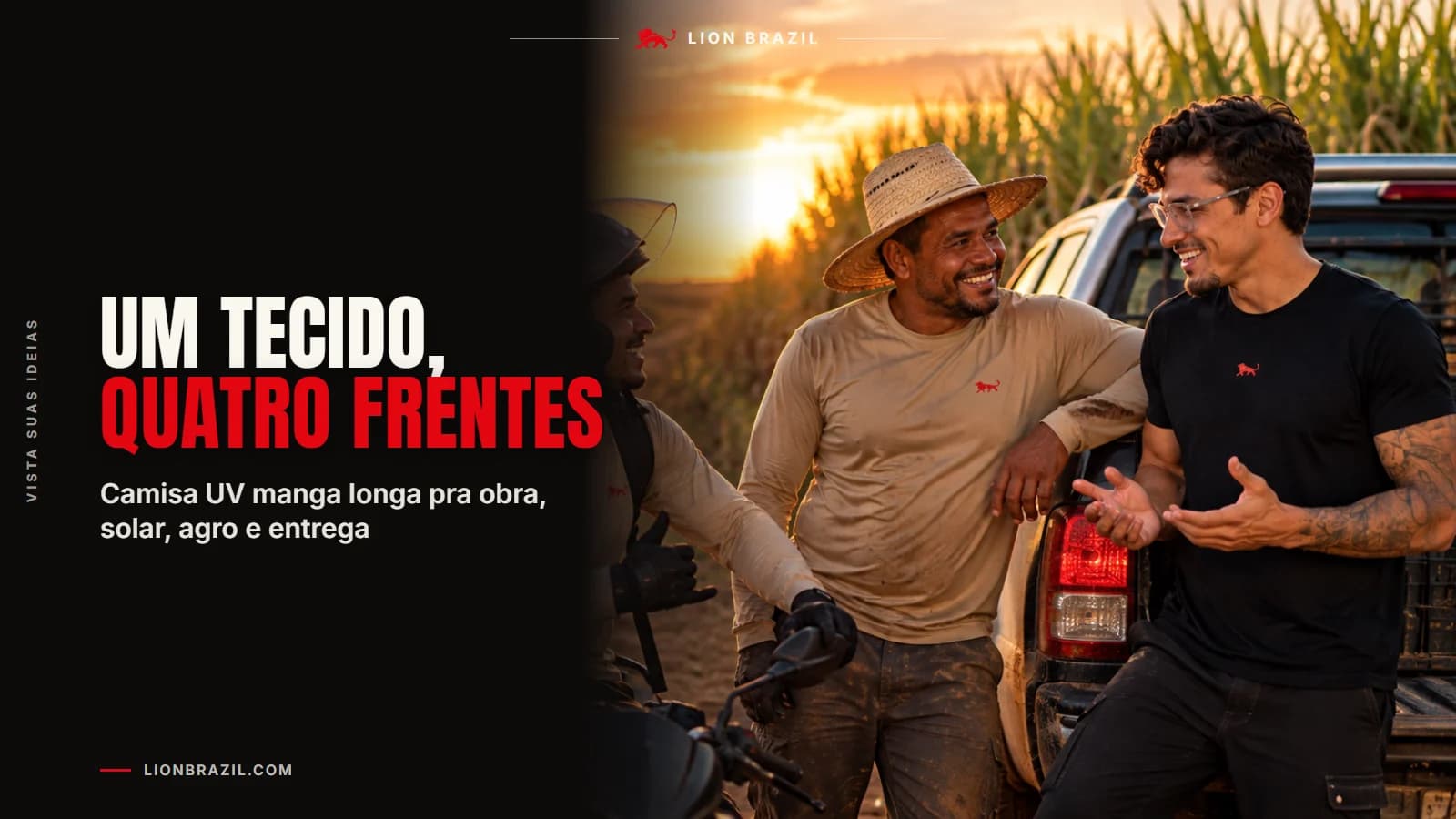 Capa com o título "Um tecido, quatro frentes" e Pedro Costa, fundador da Lion Brazil, de camiseta com o leão da marca.