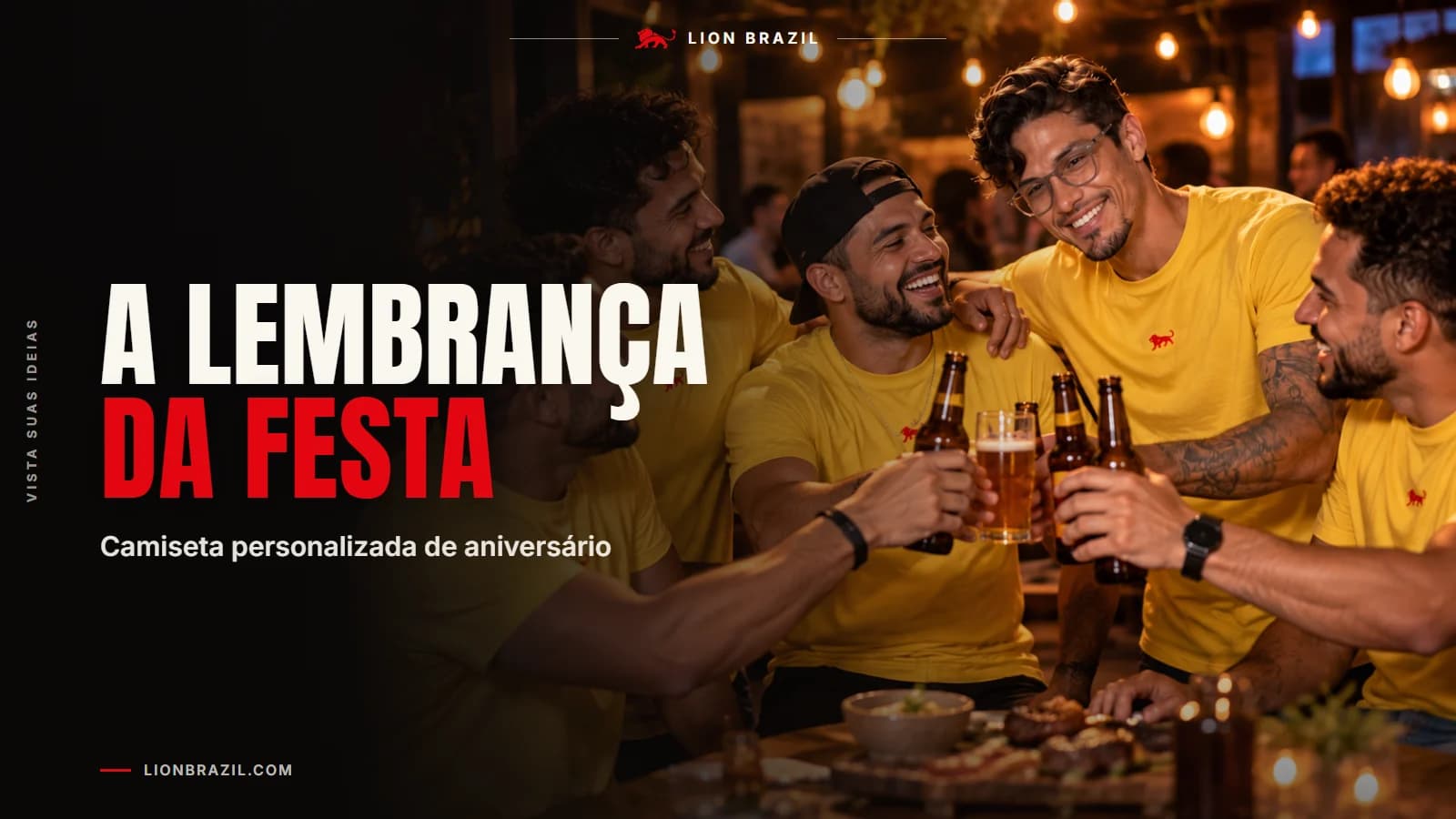 Capa com o título "A lembrança da festa" e Pedro Costa, fundador da Lion Brazil, de camiseta com o leão da marca.