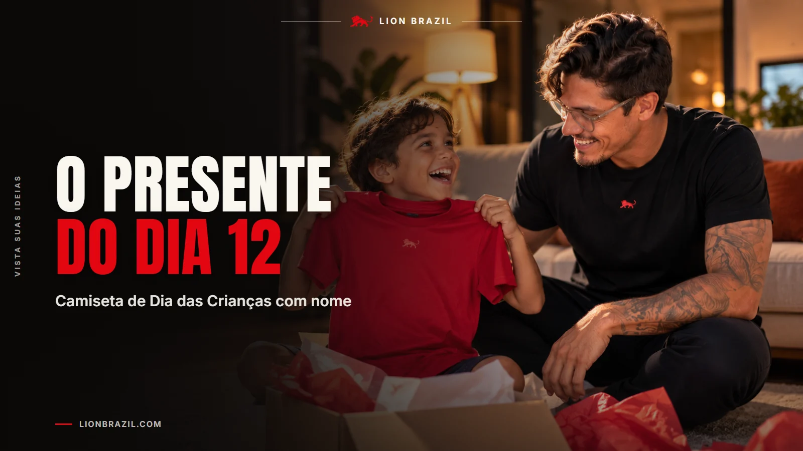 Capa com o título "O presente do dia 12" e Pedro Costa, fundador da Lion Brazil, de camiseta com o leão da marca.