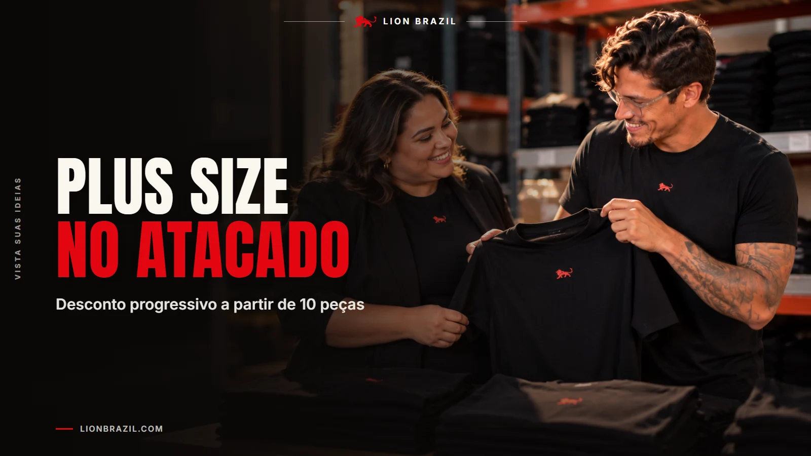 Capa com o título "Plus size no atacado" e Pedro Costa, fundador da Lion Brazil, de camiseta com o leão da marca.