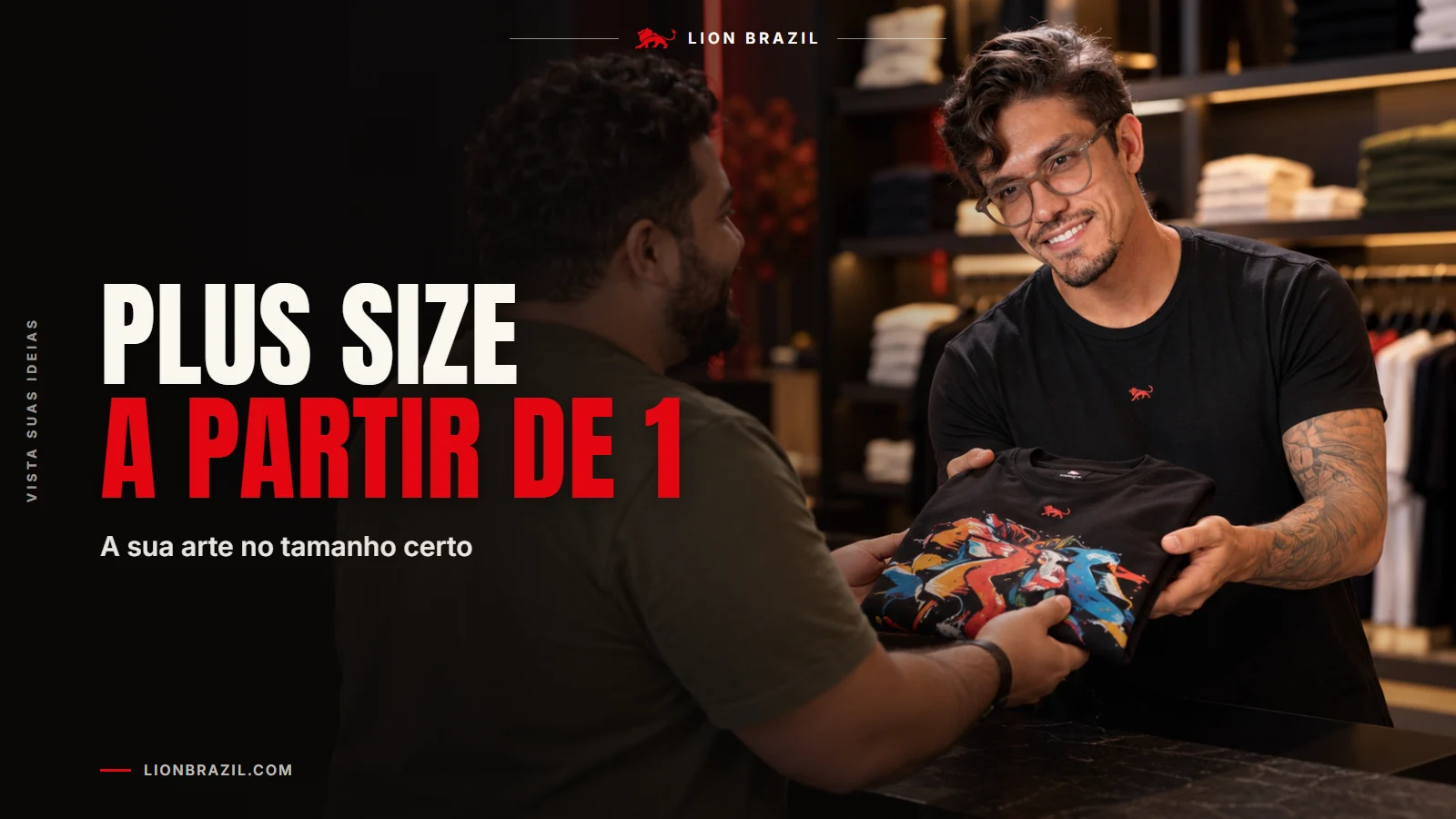 Capa com o título "Plus size a partir de 1" e Pedro Costa, fundador da Lion Brazil, de camiseta com o leão da marca.