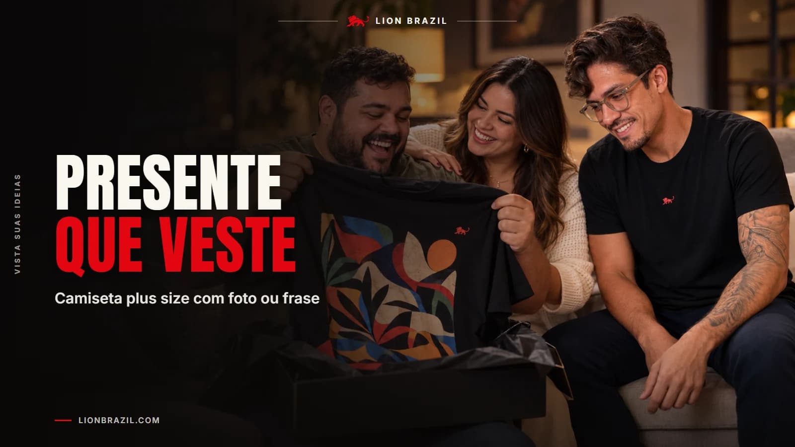 Capa com o título "Presente que veste" e Pedro Costa, fundador da Lion Brazil, de camiseta com o leão da marca.