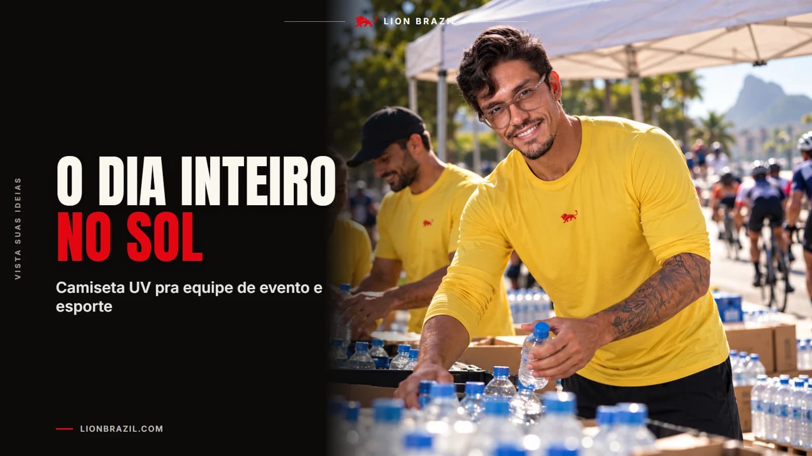 Capa com o título "O dia inteiro no sol" e Pedro Costa, fundador da Lion Brazil, de camiseta com o leão da marca.