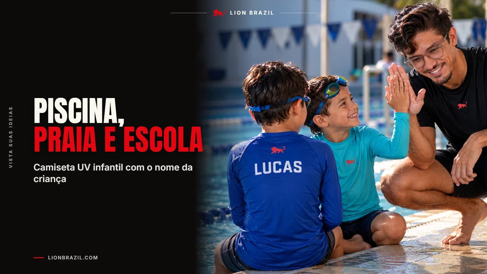 Capa com o título "Piscina, praia e escola" e Pedro Costa, fundador da Lion Brazil, de camiseta com o leão da marca.