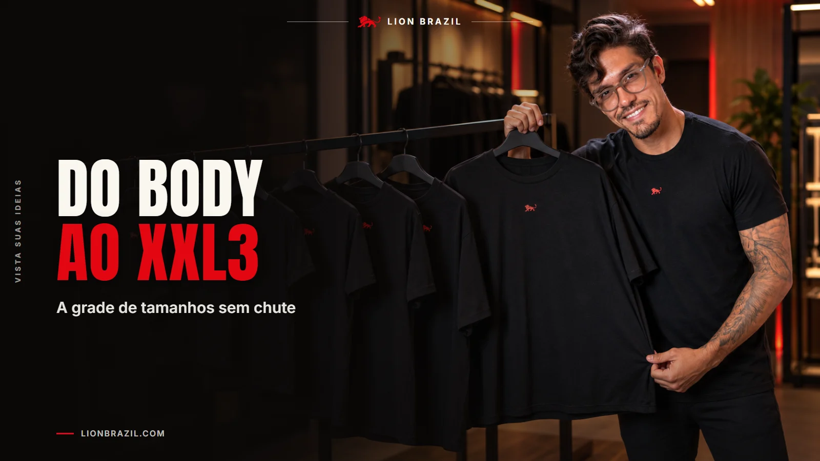 Capa com o título "Do body ao XXL3" e Pedro Costa, fundador da Lion Brazil, de camiseta com o leão da marca.