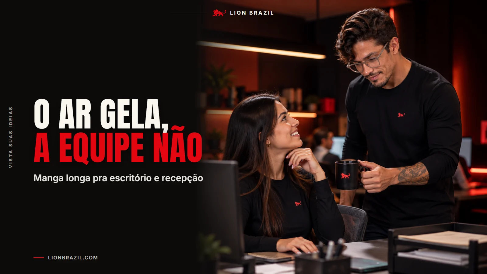 Capa com o título "O ar gela, a equipe não" e Pedro Costa, fundador da Lion Brazil, de camiseta com o leão da marca.