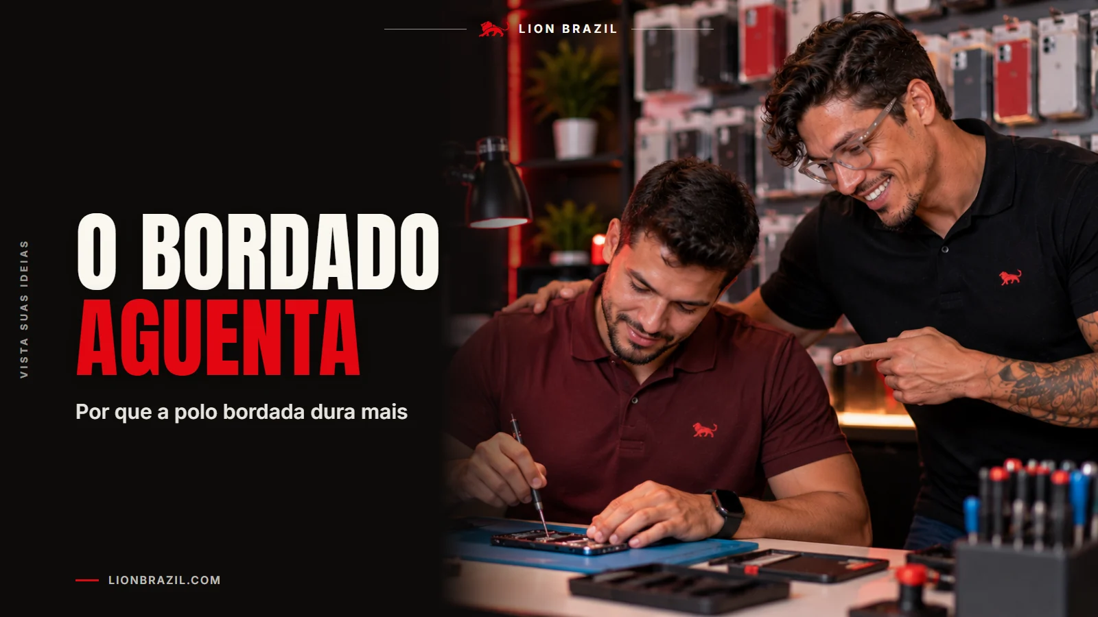 Capa com o título "O bordado aguenta" e Pedro Costa, fundador da Lion Brazil, de camiseta com o leão da marca.