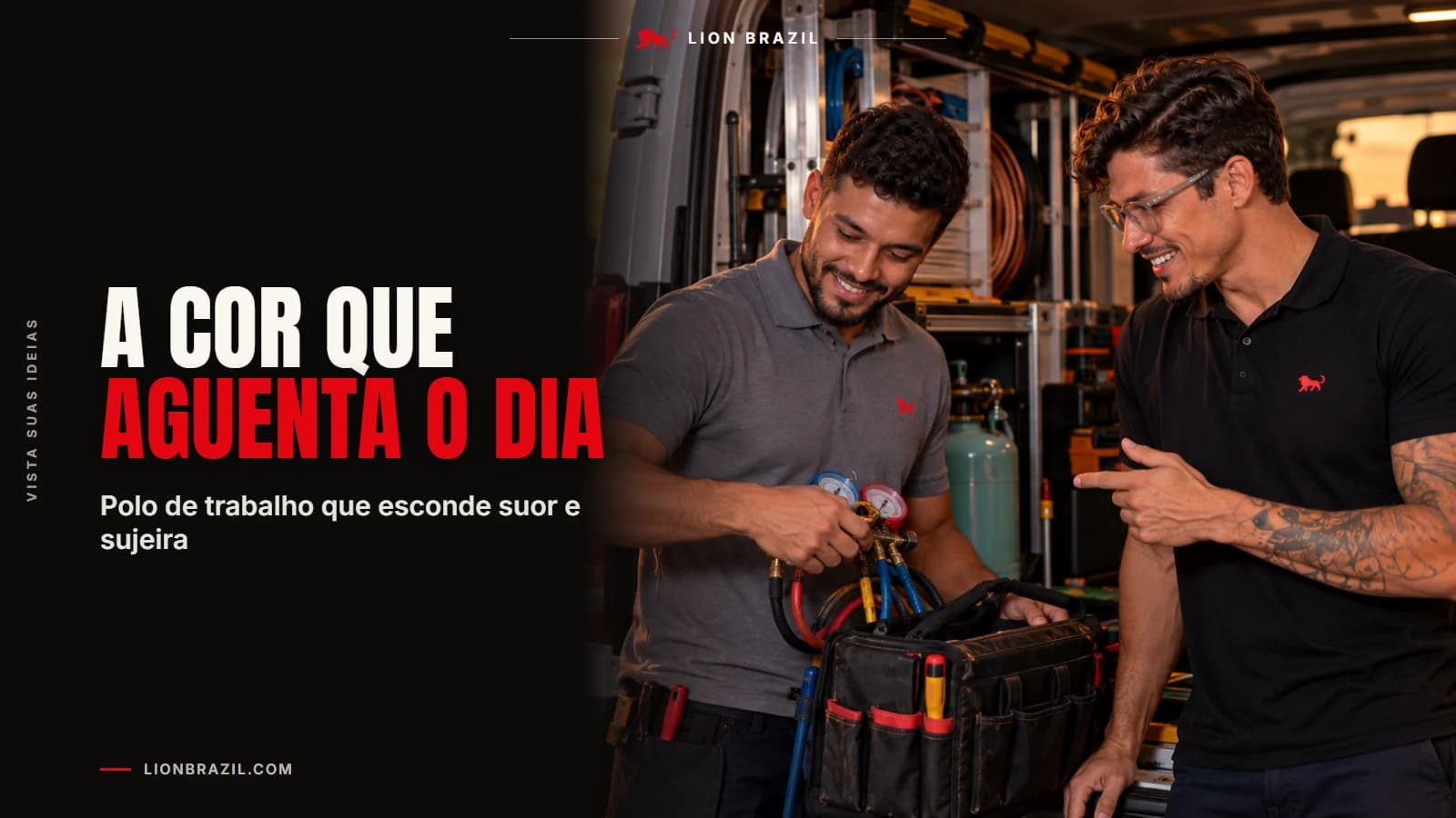 Capa com o título "A cor que aguenta o dia" e Pedro Costa, fundador da Lion Brazil, de camiseta com o leão da marca.