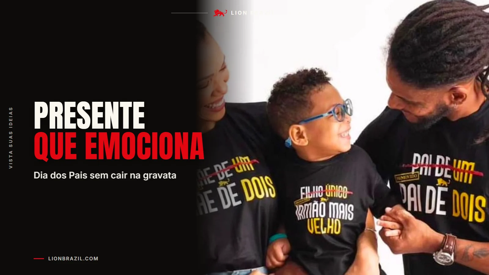 Capa com o título "Presente que emociona" sobre foto real de clientes da Lion Brazil.