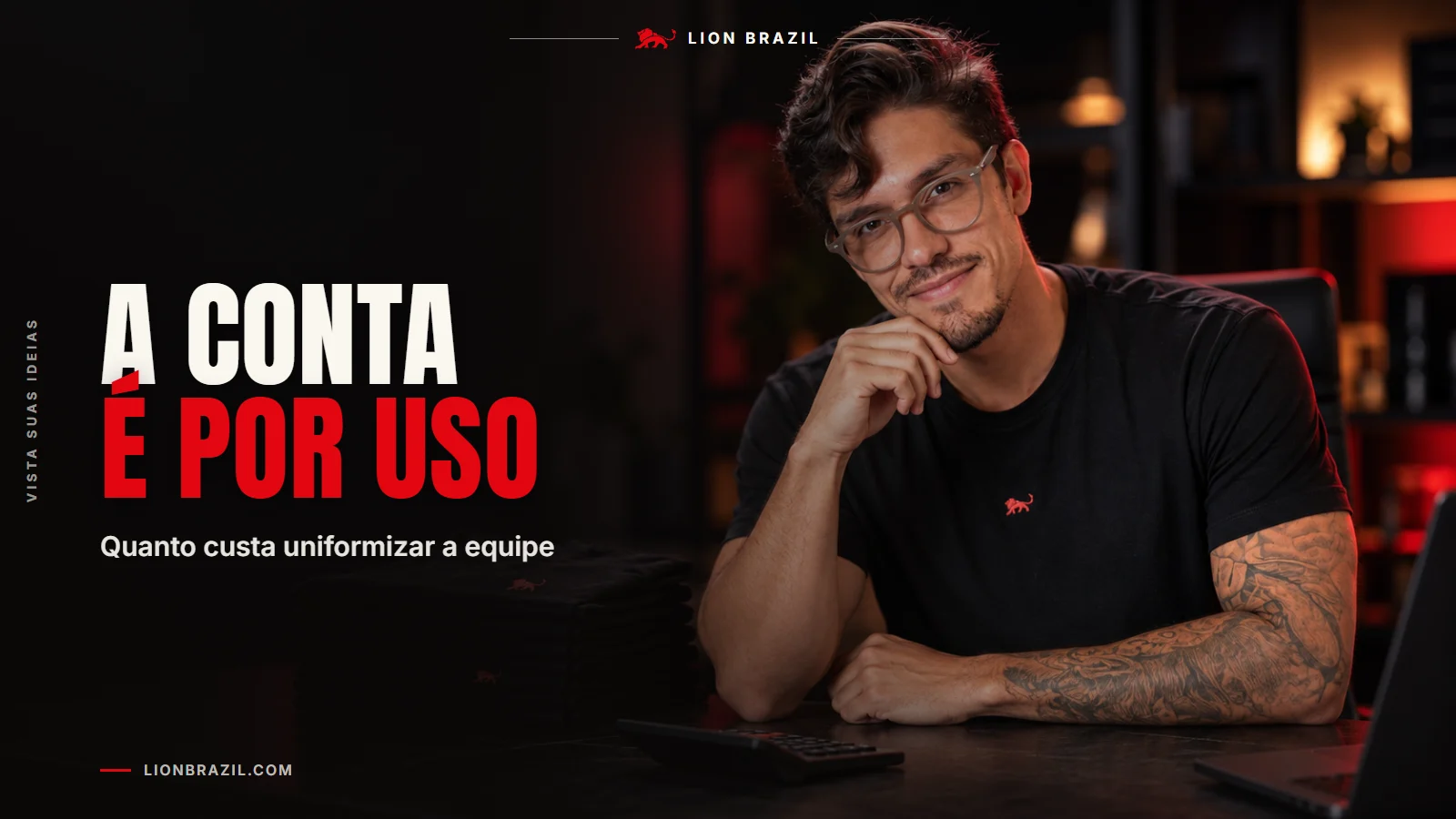Capa com o título "A conta é por uso" e Pedro Costa, fundador da Lion Brazil, de camiseta com o leão da marca.