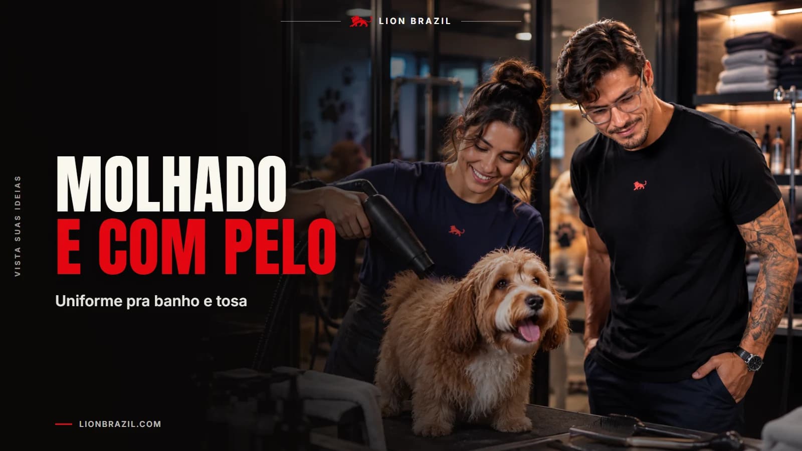 Capa com o título "Molhado e com pelo" e Pedro Costa, fundador da Lion Brazil, de camiseta com o leão da marca.