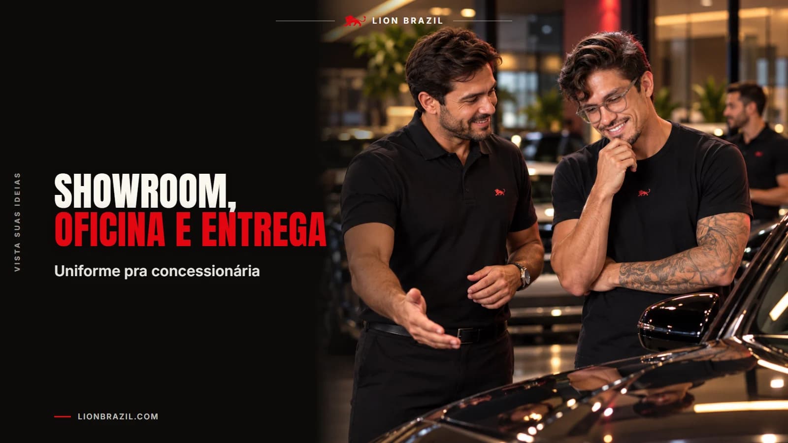 Capa com o título "Showroom, oficina e entrega" e Pedro Costa, fundador da Lion Brazil, de camiseta com o leão da marca.