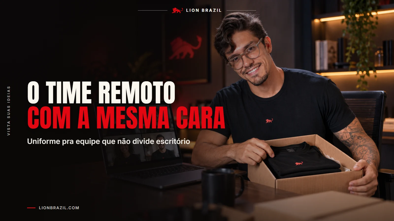 Capa com o título "O time remoto com a mesma cara" e Pedro Costa, fundador da Lion Brazil, de camiseta com o leão da marca.