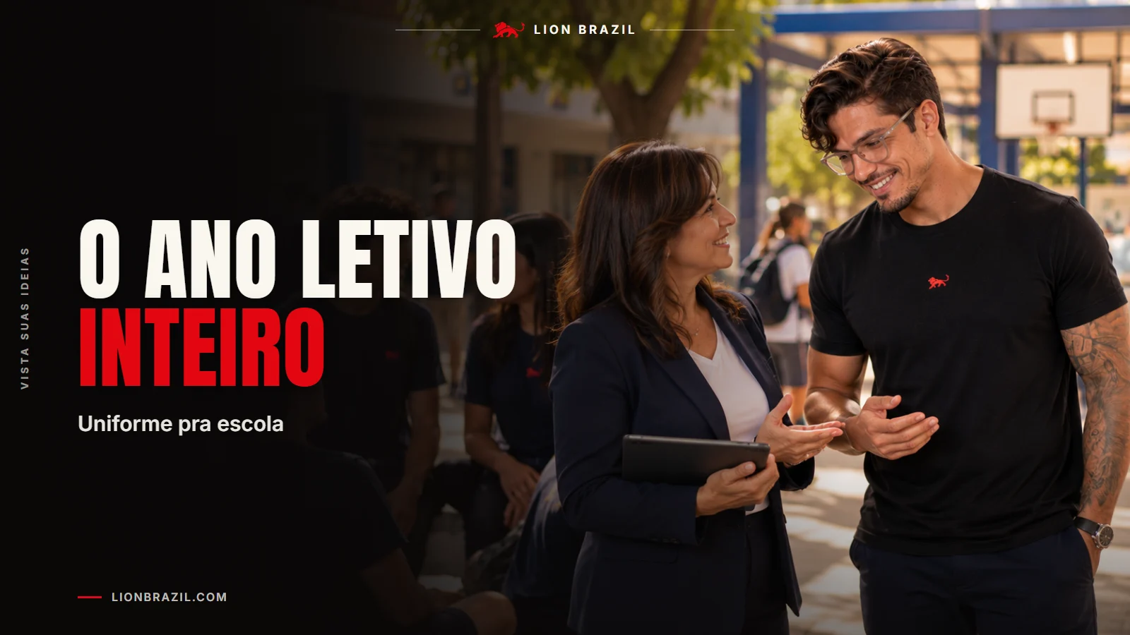 Capa com o título "O ano letivo inteiro" e Pedro Costa, fundador da Lion Brazil, de camiseta com o leão da marca.