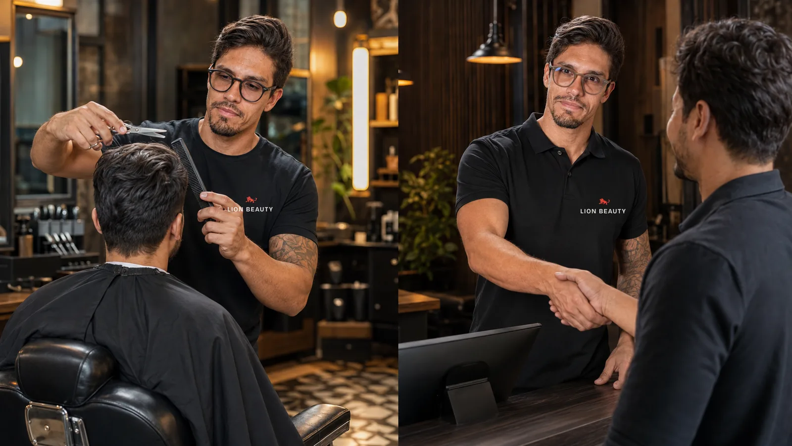 Barbeiro de camiseta preta Lion Brazil finalizando o corte e recebendo o cliente de camisa polo no caixa
