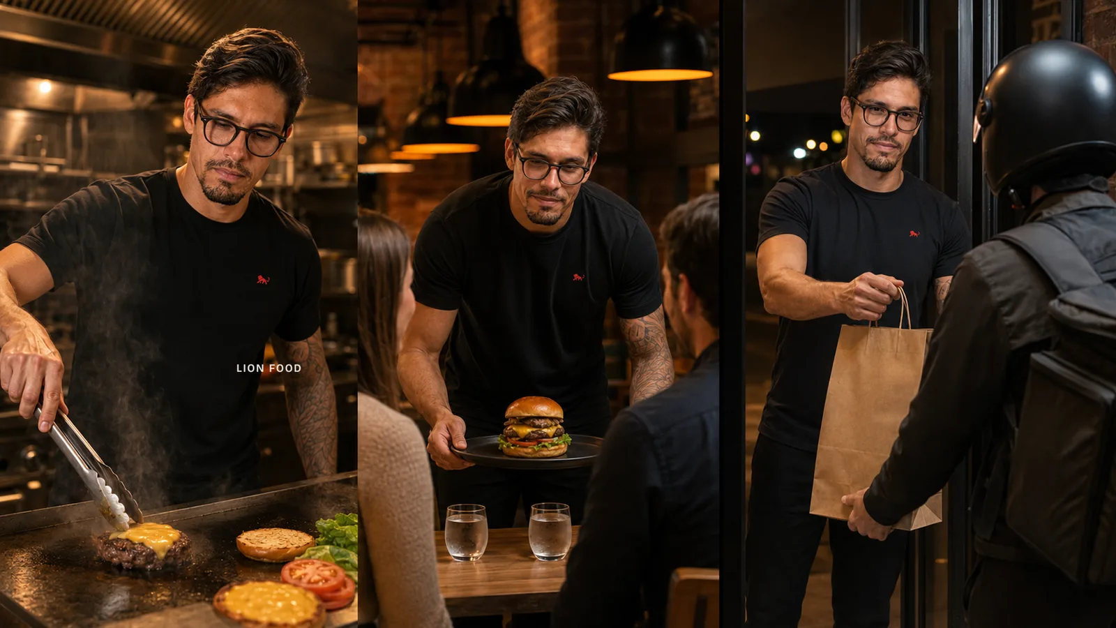 Equipe de hamburgueria de camiseta preta de uniforme na chapa, no atendimento do salão e na entrega do delivery