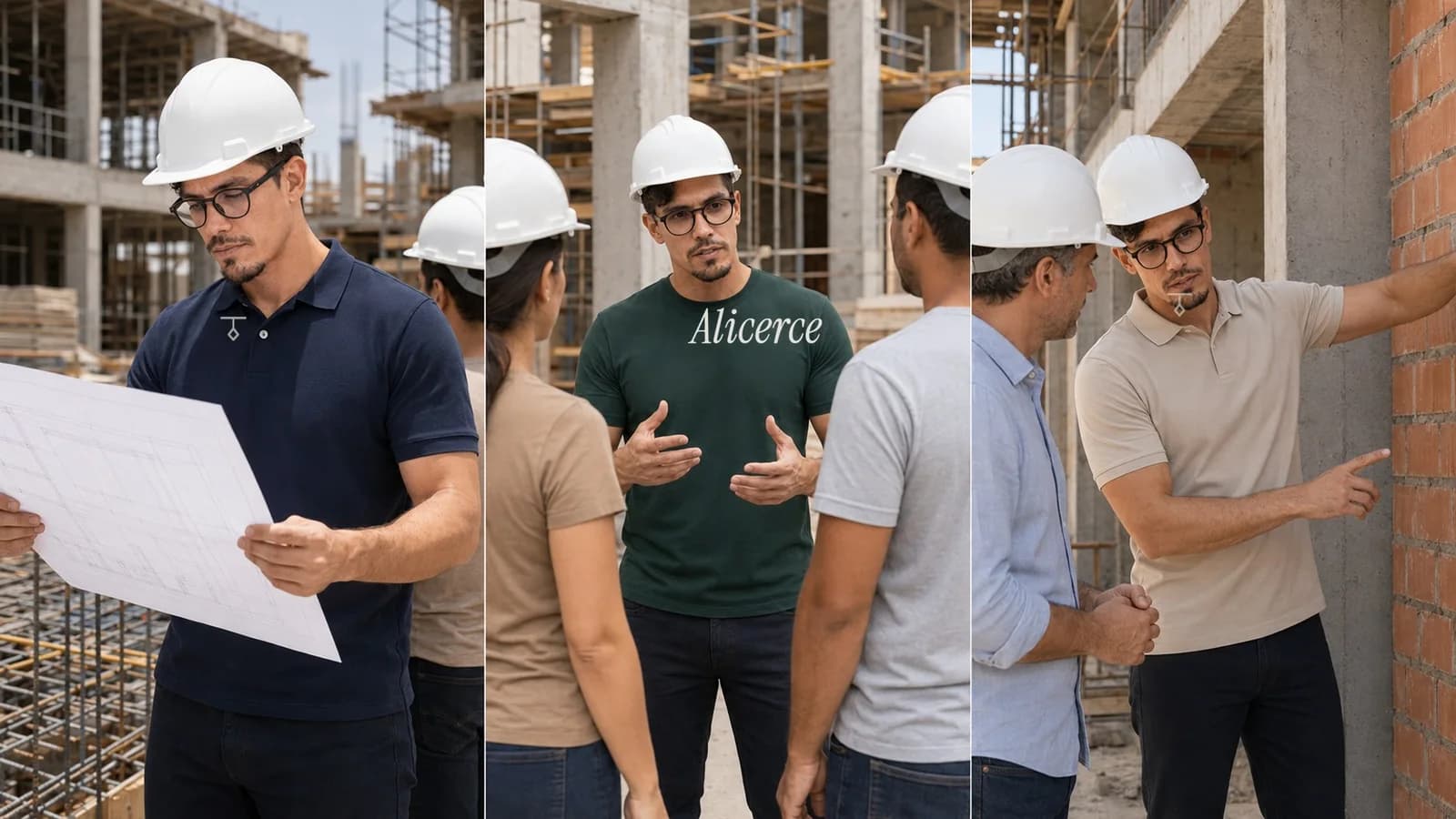 Obra em três cenas: conferência da planta, conversa de segurança com Alicerce no peito e visita técnica, todos de capacete