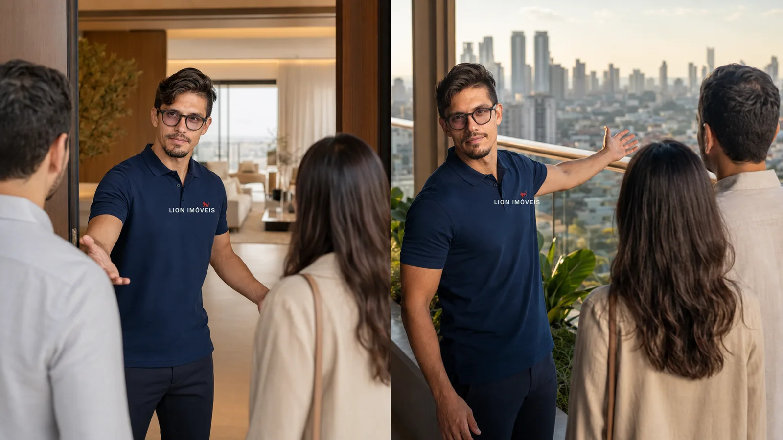 Corretor de imóveis de camisa polo azul-marinho personalizada apresentando um apartamento decorado a um casal