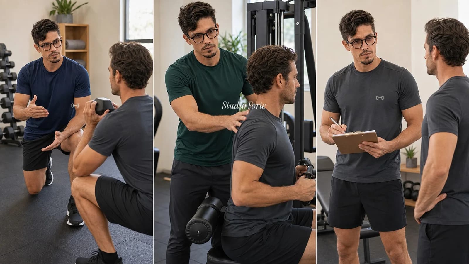 Personal trainer em três cenas: correção do agachamento, série de halter com Studio Forte no peito e avaliação com prancheta