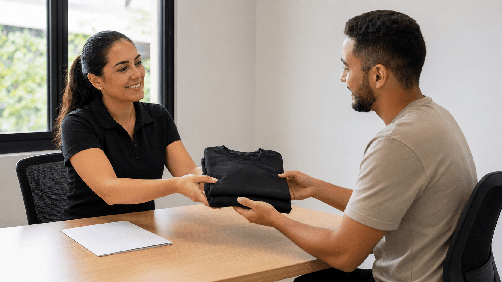 Gestora de RH entregando duas camisetas pretas dobradas para o colaborador novo na sala de reunião