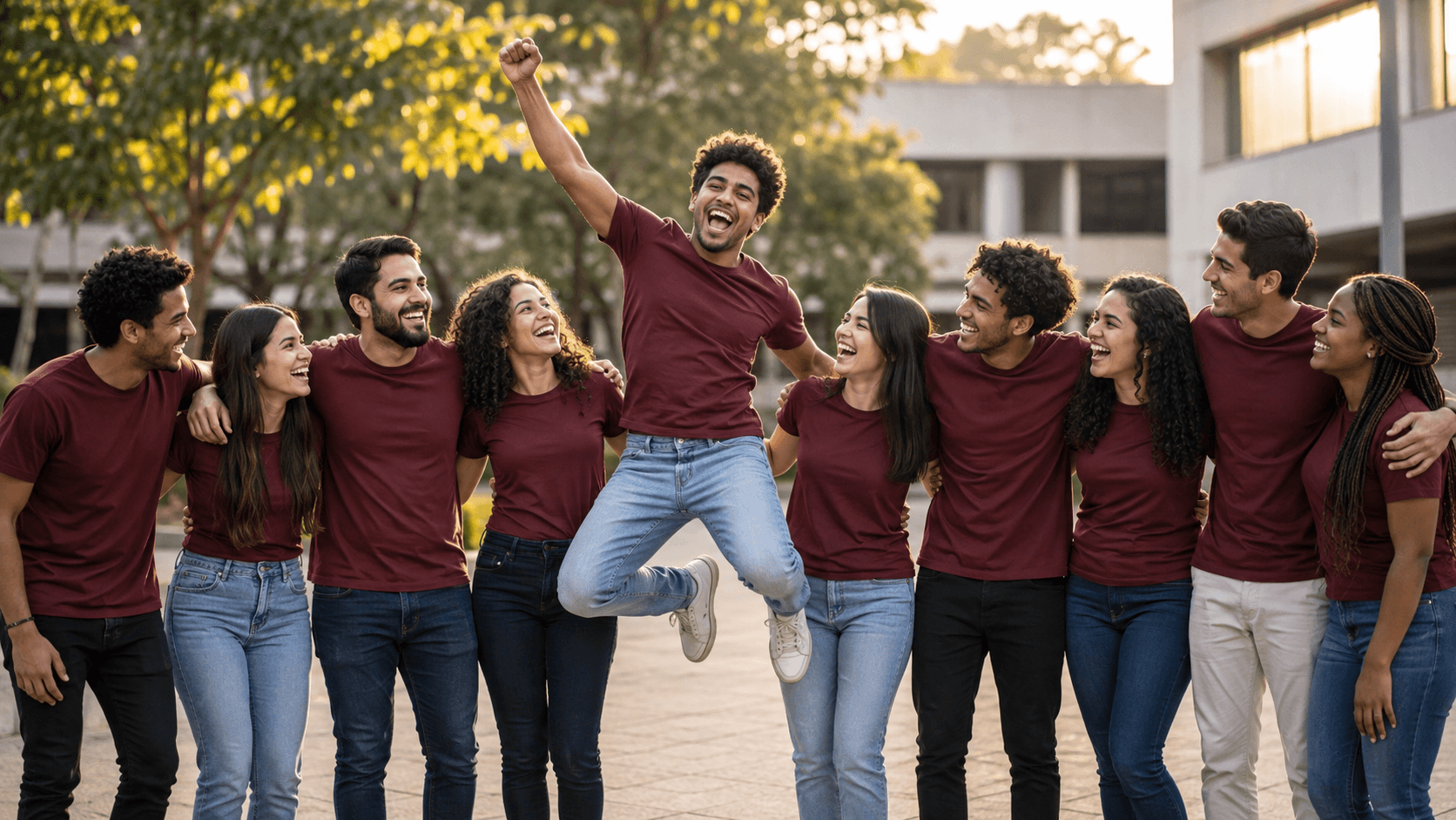 Turma de formandos abraçada no pátio da faculdade, todos com a mesma camiseta bordô