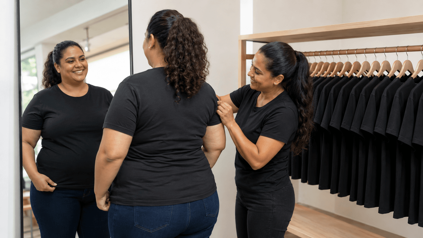 Cliente plus size provando camiseta preta diante do espelho com a arara de tamanhos ao lado
