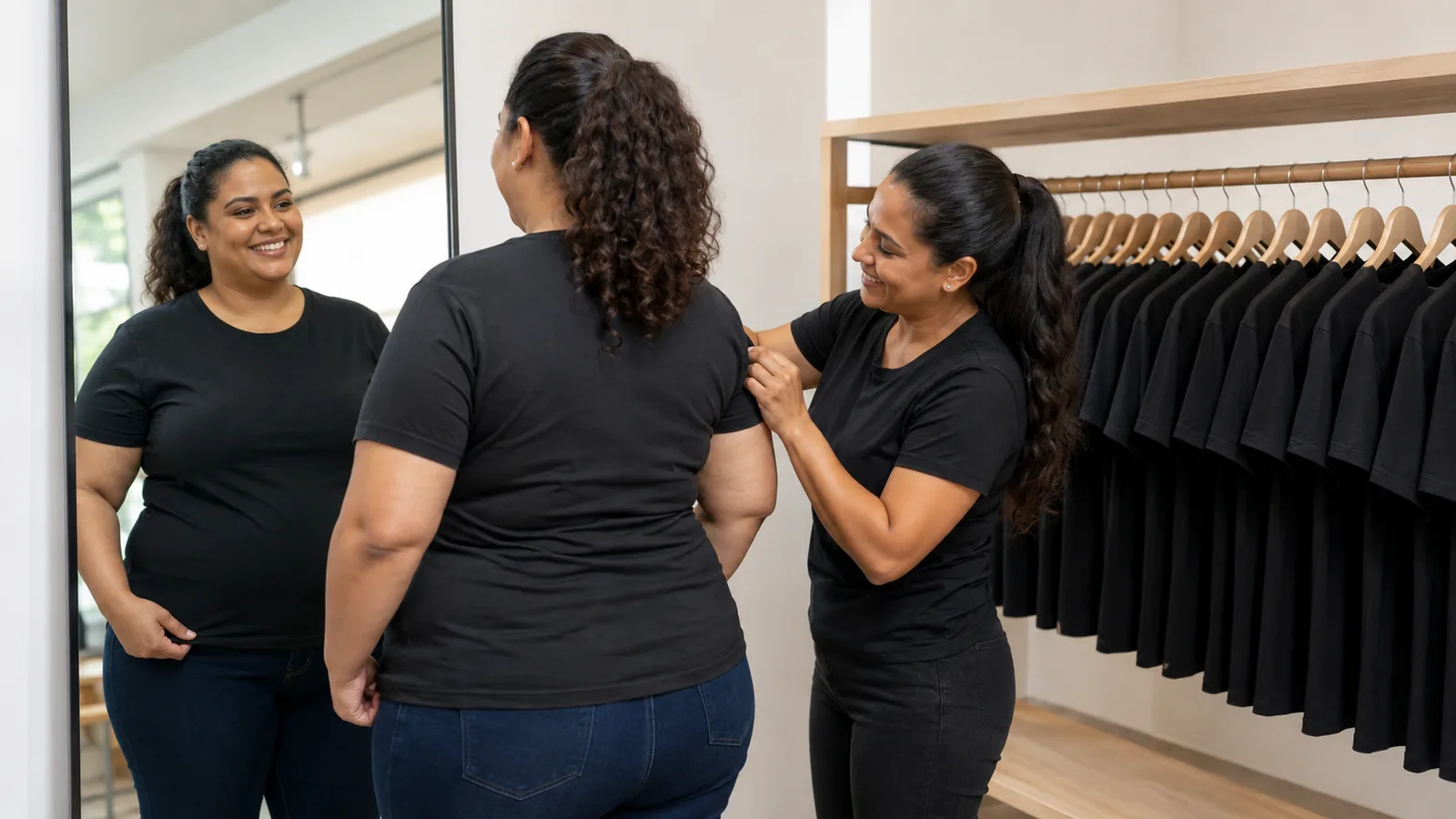 Cliente plus size provando camiseta preta diante do espelho com a arara de tamanhos ao lado