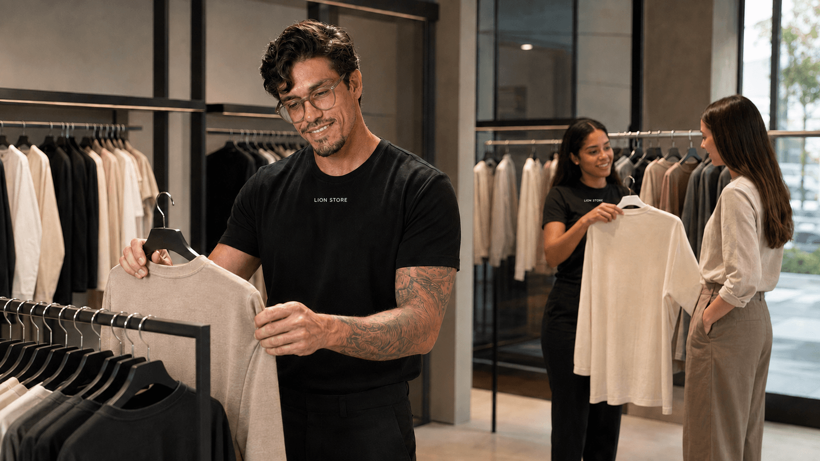Gerente e vendedora vestindo uniforme personalizado da Lion Brazil em loja de varejo