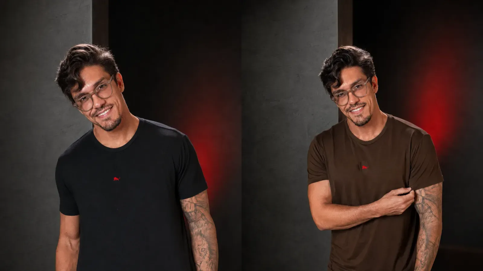 Homem de oculos vestindo Best T-shirt lisa off white em ensaio de estudio da Lion Brazil.