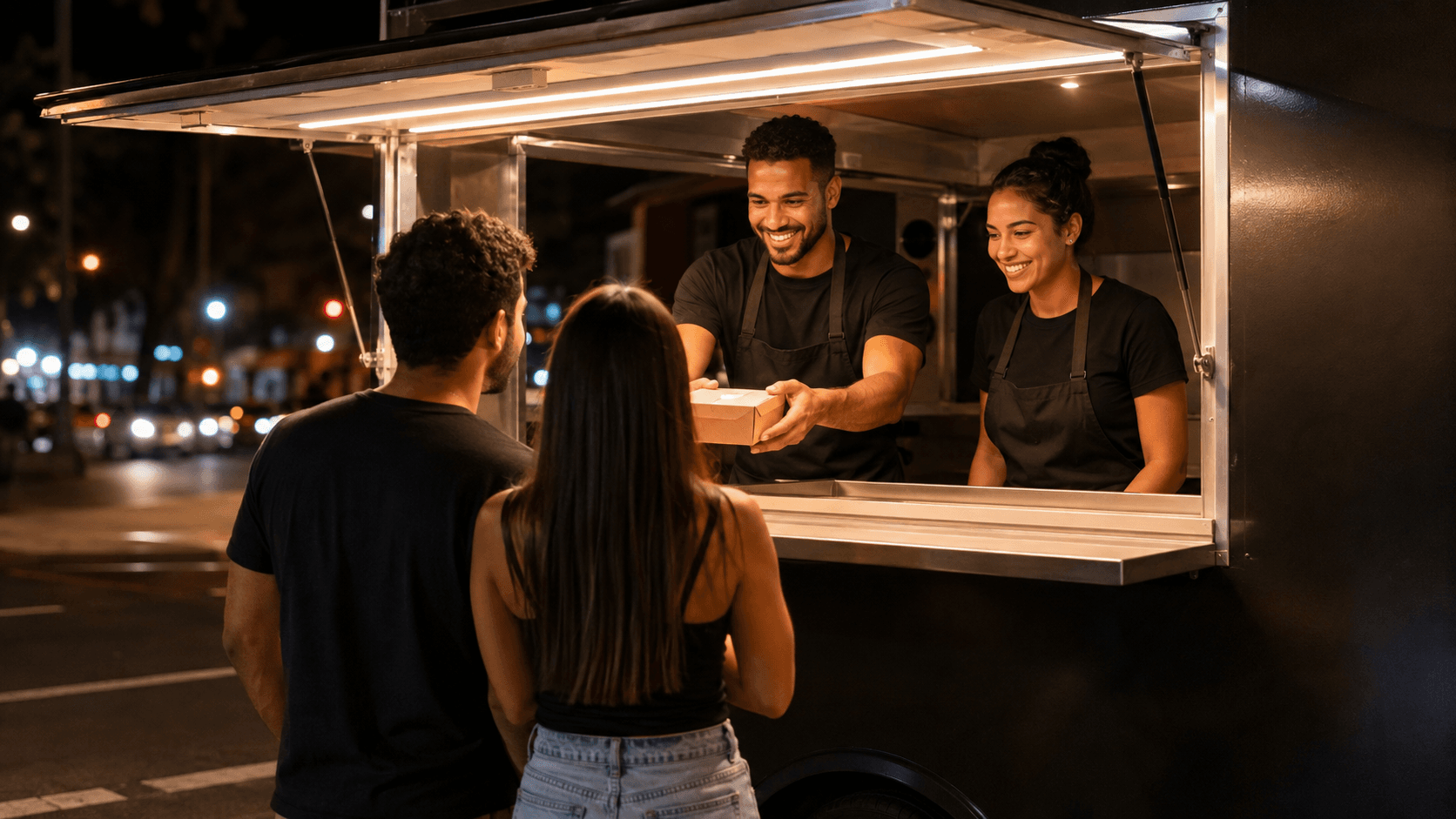 Atendentes de camiseta preta servindo na janela do food truck à noite