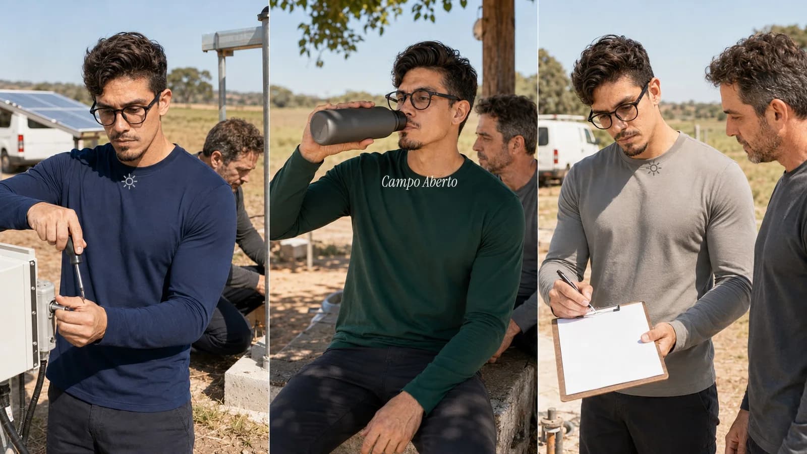 Trabalho no sol em três cenas: serviço externo, pausa para beber água com Campo Aberto no peito e anotação no campo