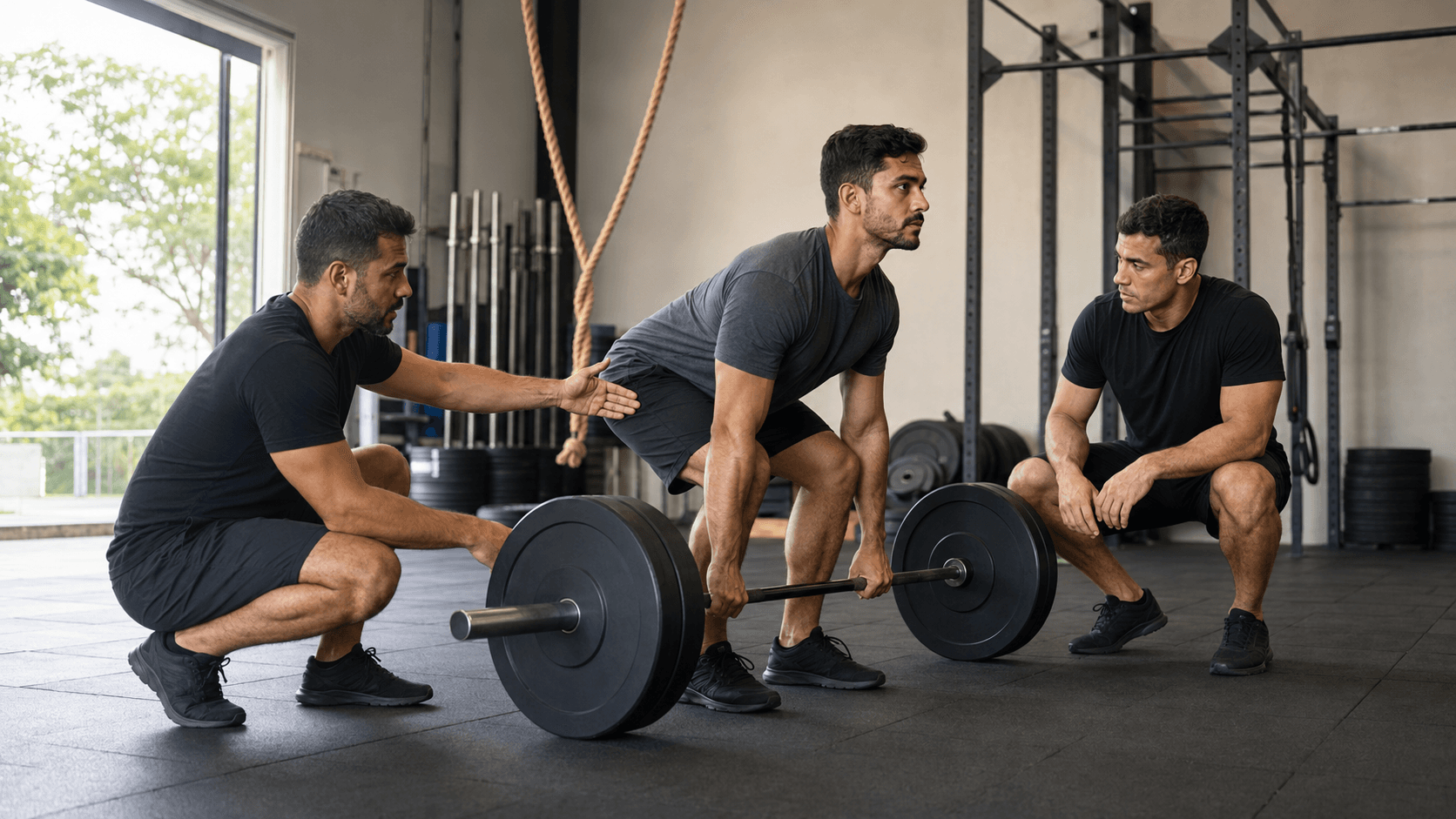 Instrutores de camiseta preta orientando aluno em levantamento no box de crossfit