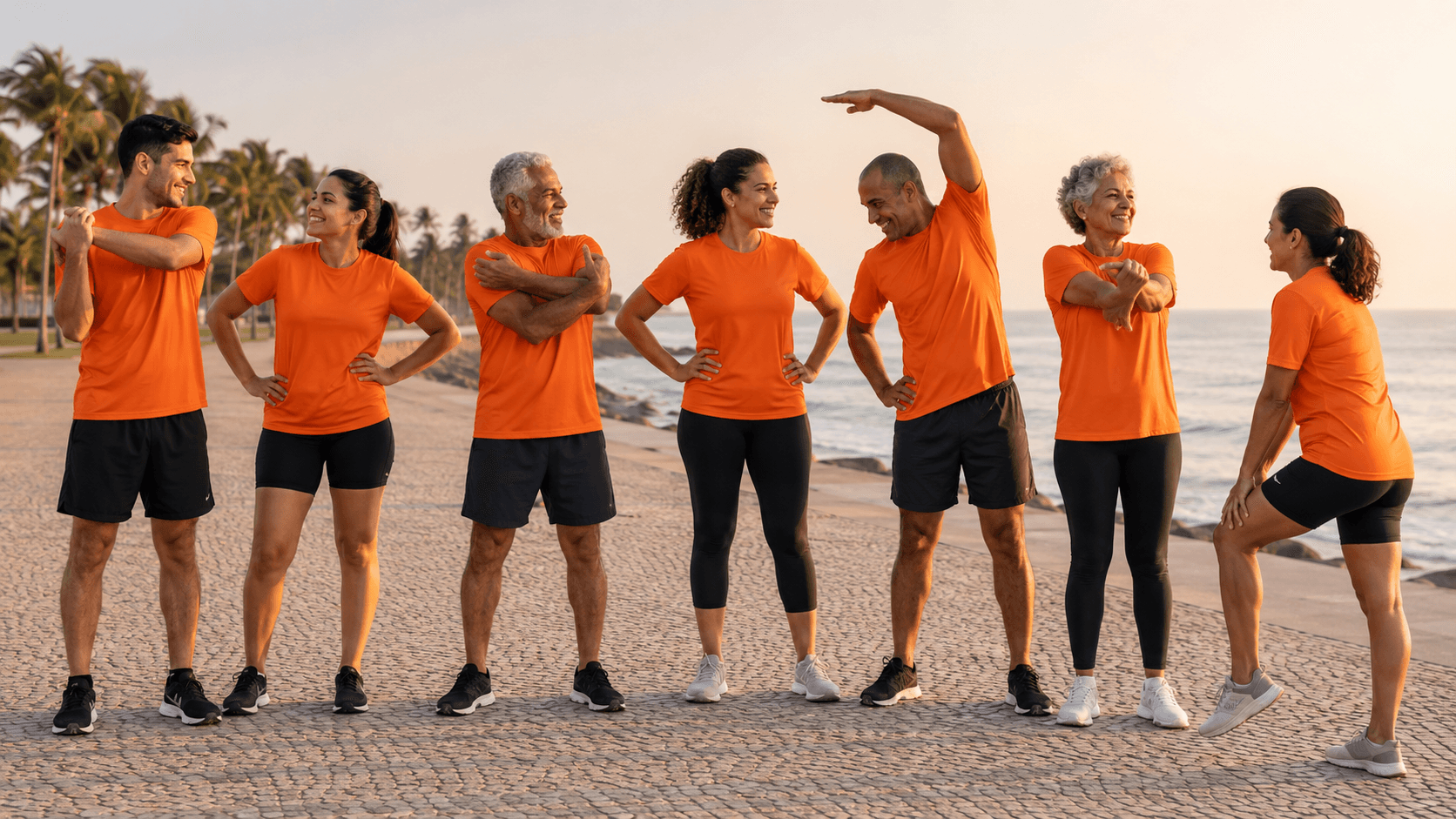 Grupo de corredores com a mesma camiseta laranja alongando no calçadão ao amanhecer