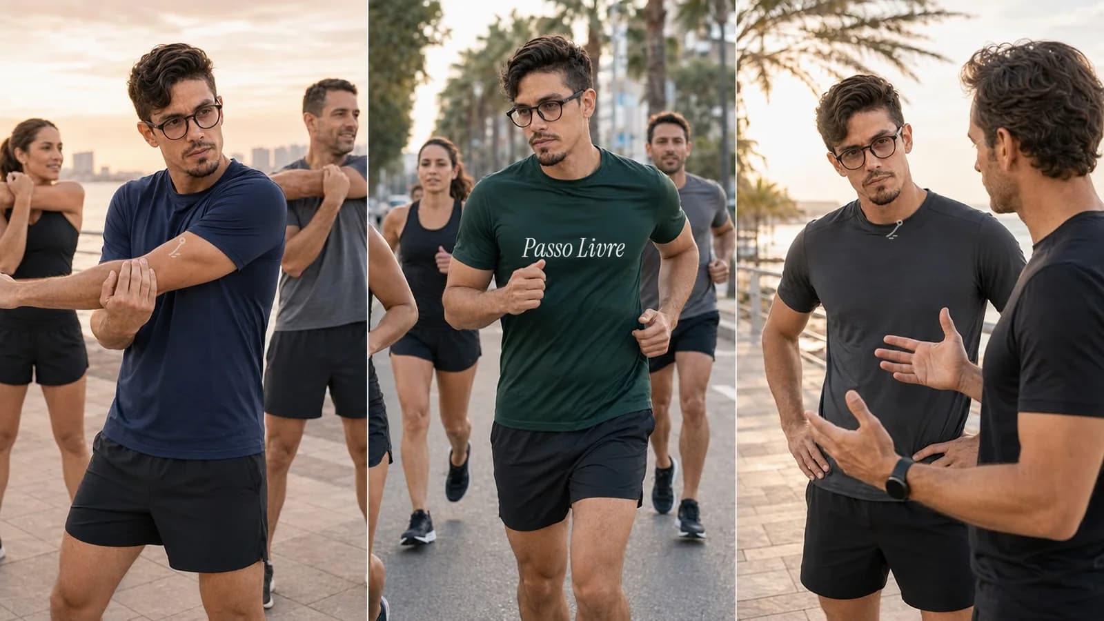 Assessoria de corrida em três cenas: alongamento, treino de rua com Passo Livre no peito e conversa com o treinador