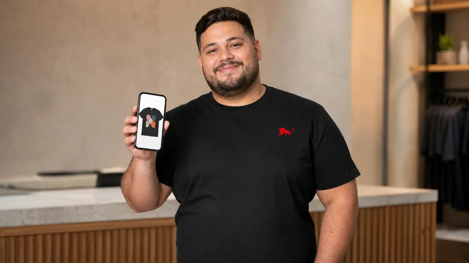Homem plus size vestindo camiseta preta com leão vermelho pequeno no peito, segurando o celular com o mockup da própria estampa na tela, luz de estúdio