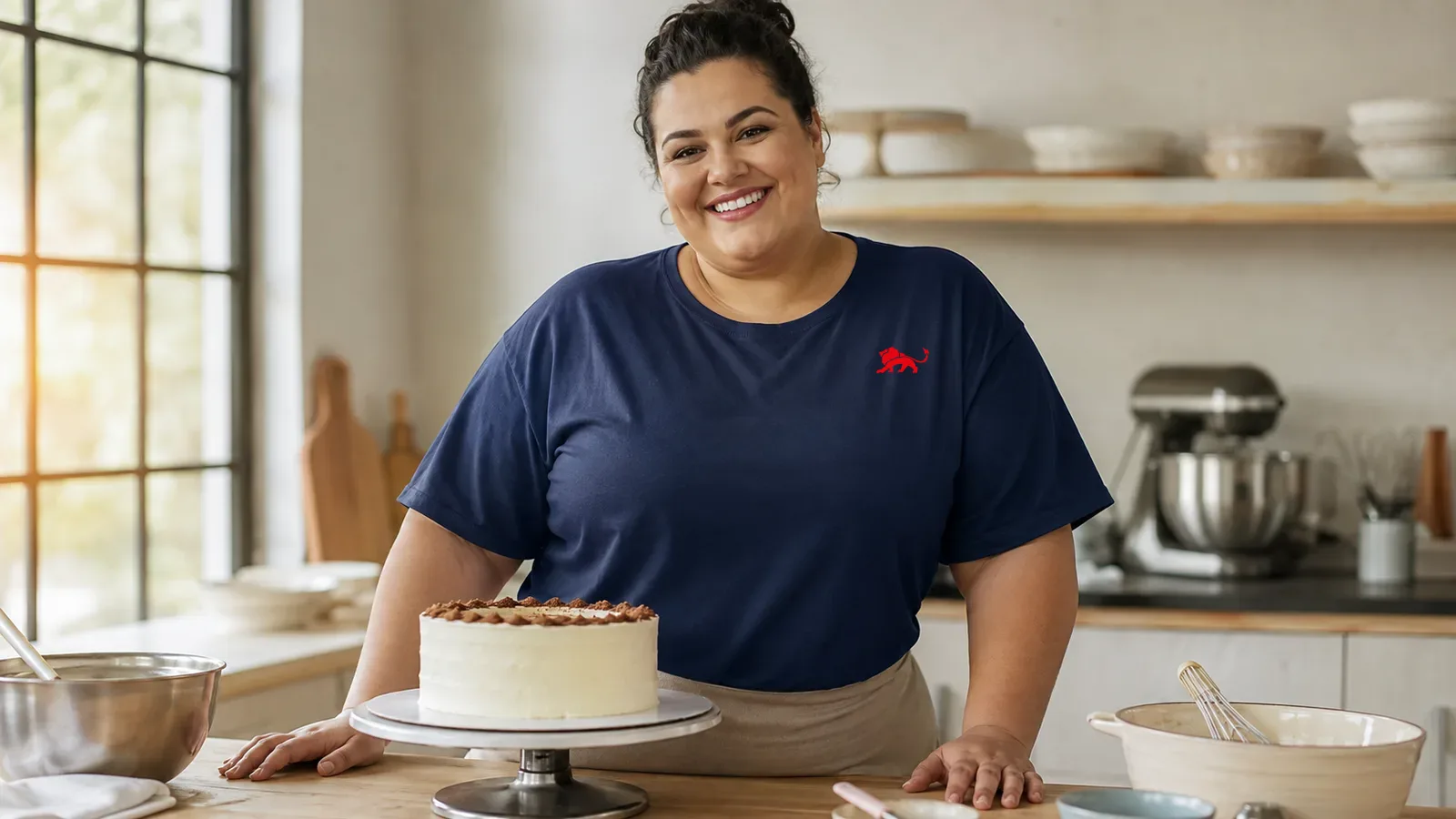 Mulher plus size sorrindo, vestindo camiseta azul marinho com leão vermelho pequeno no peito, em frente a uma bancada de trabalho, luz natural de manhã