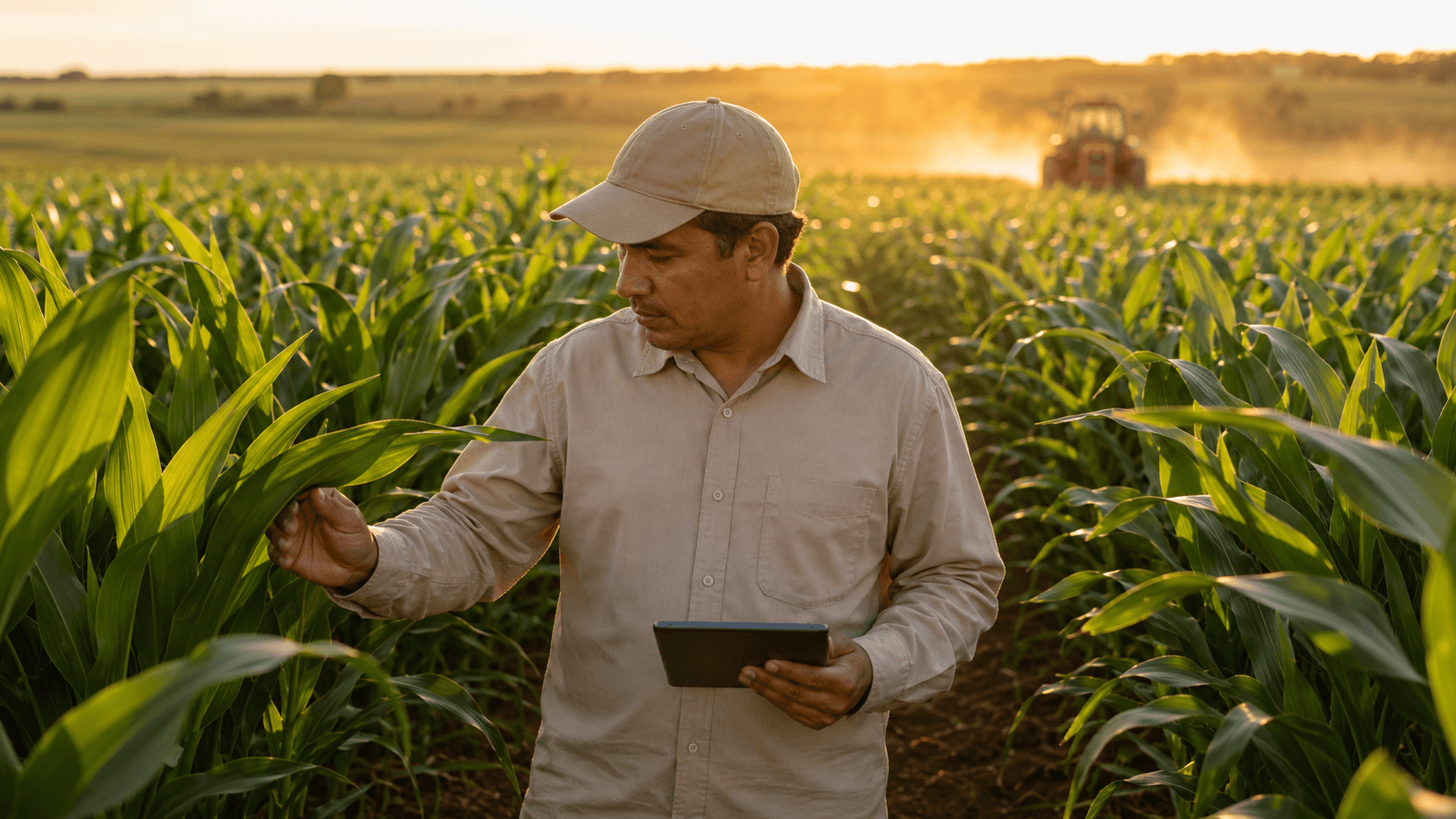 Técnico agrícola de manga longa bege caminhando entre as fileiras da lavoura ao entardecer