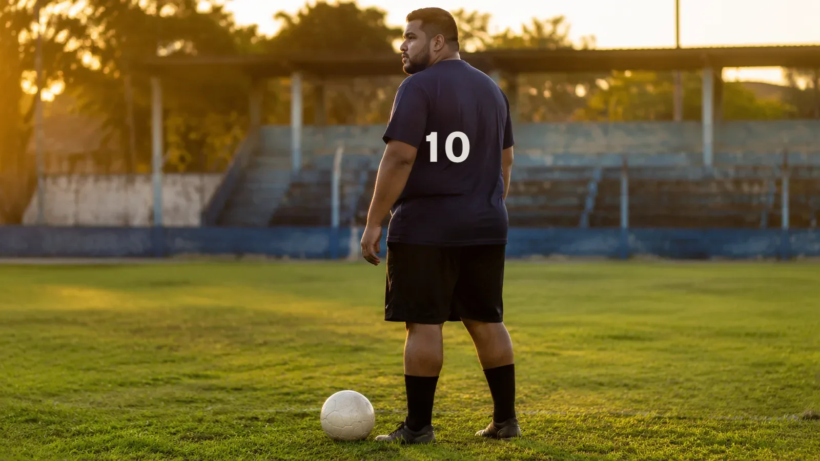 Homem plus size de costas em campo de várzea ao fim da tarde, com camiseta azul marinho e o número 10 grande nas costas, bola aos pés