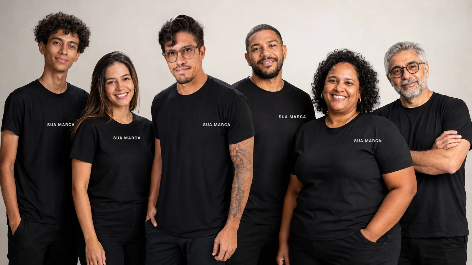 Pedro com uma equipe de cinco pessoas de corpos variados, do magro ao plus size, todos de camiseta preta com Sua Marca no peito, retrato de time em estúdio claro