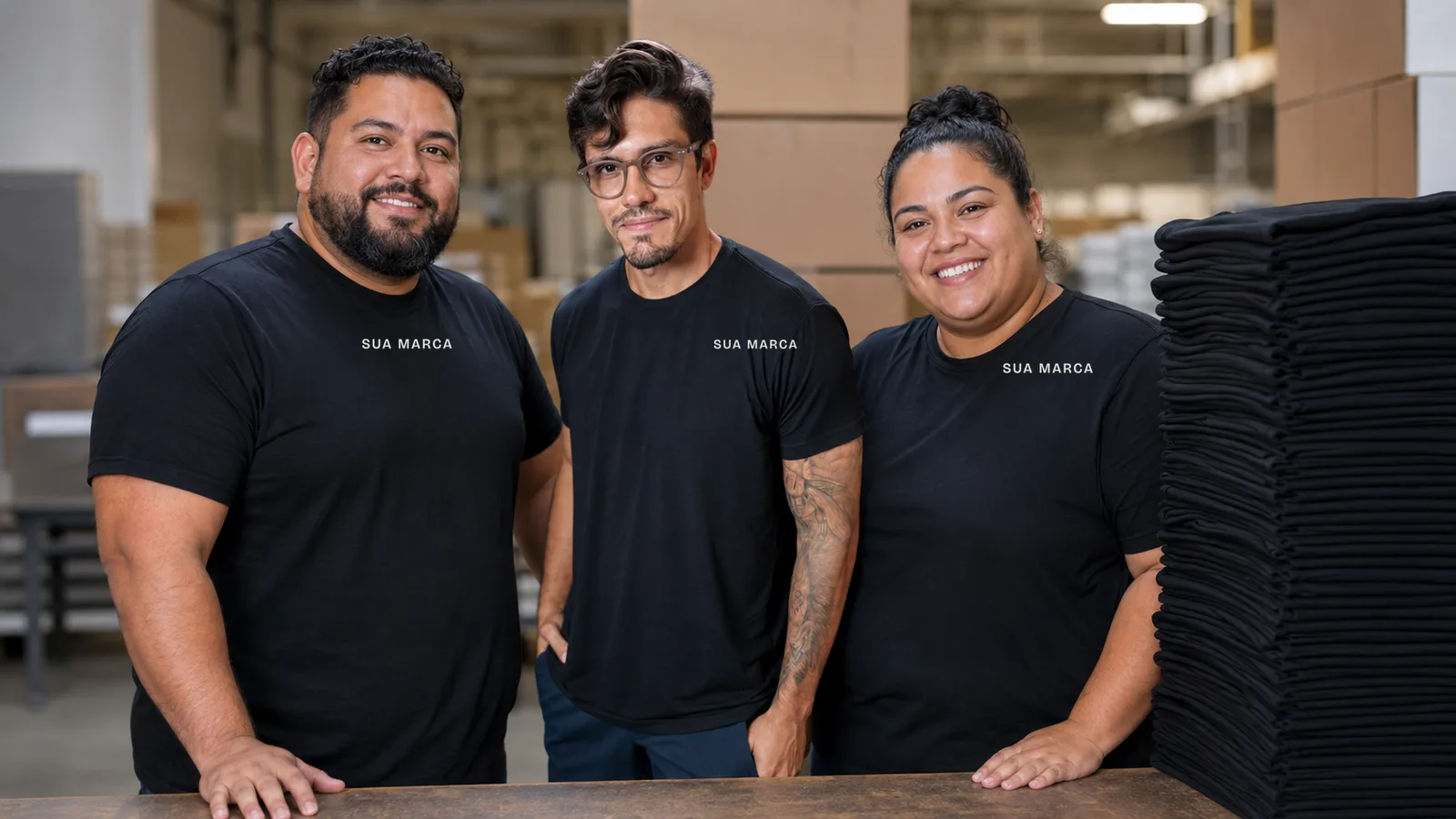 Pedro com um homem e uma mulher plus size ao lado de uma pilha de camisetas pretas dobradas na expedição, todos com Sua Marca no peito