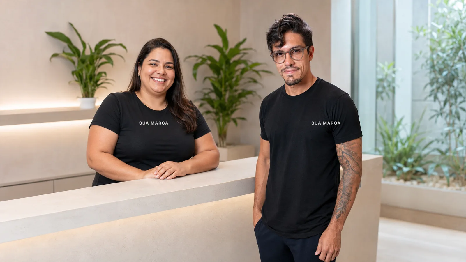 Pedro ao lado de uma recepcionista plus size sorridente no balcão claro de uma clínica de estética, os dois de camiseta preta com Sua Marca no peito