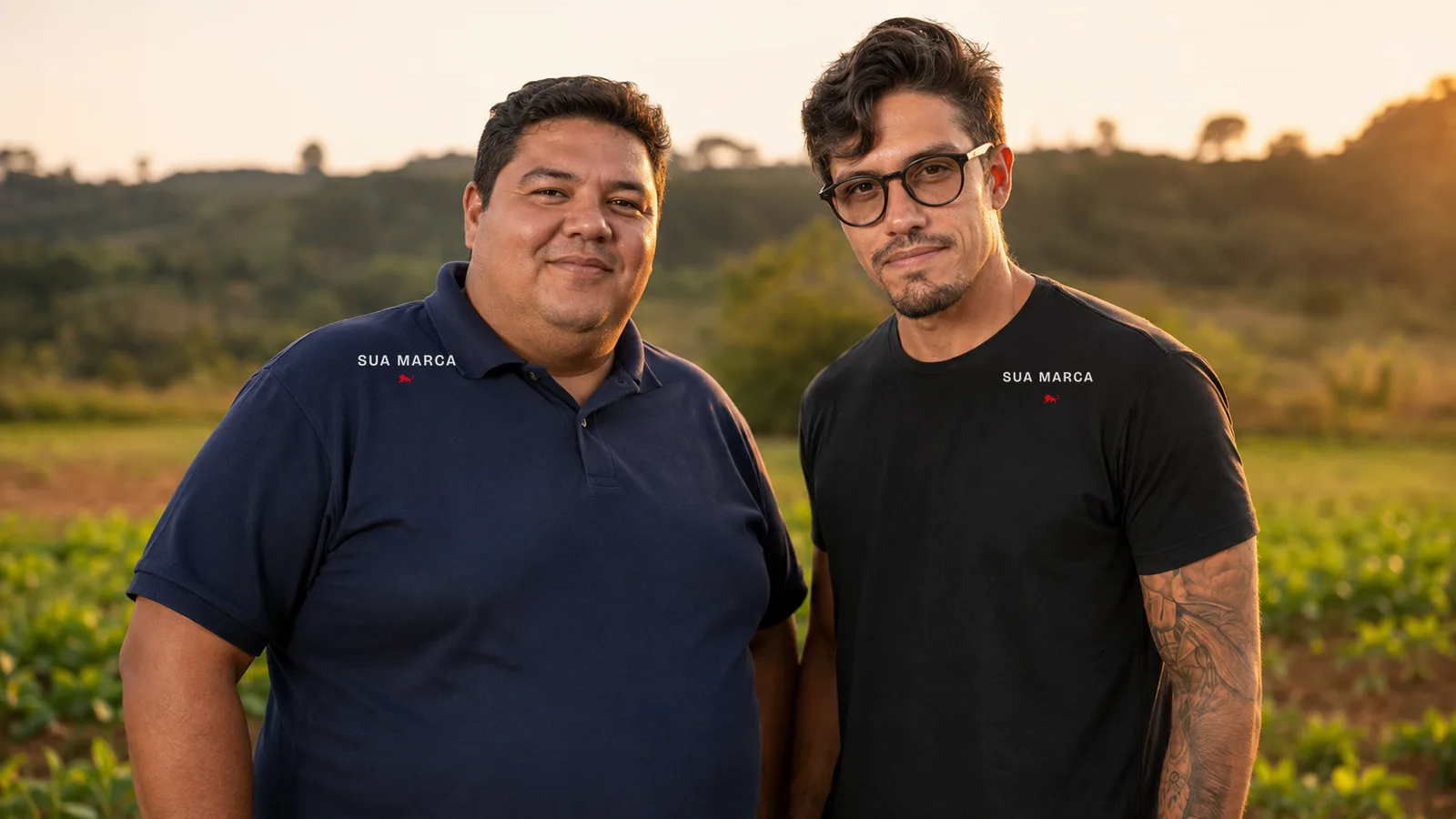 Pedro ao lado de um trabalhador plus size de camisa polo azul-marinho com Sua Marca no peito, no campo sob luz dourada de fim de tarde