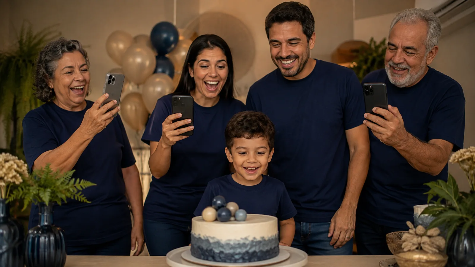 Menino de 4 anos na frente do bolo com camiseta azul marinho com nome e idade no peito e o leão vermelho pequeno, pais e avós atrás na mesma camiseta