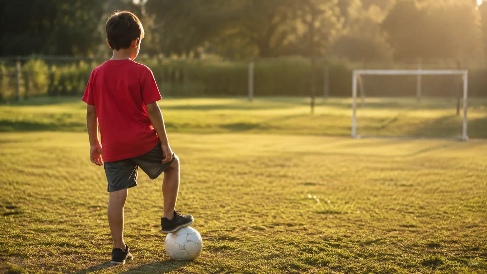 Menino de costas no campinho de grama com camiseta vermelha com o nome e o número 10 nas costas, bola no pé, fim de tarde